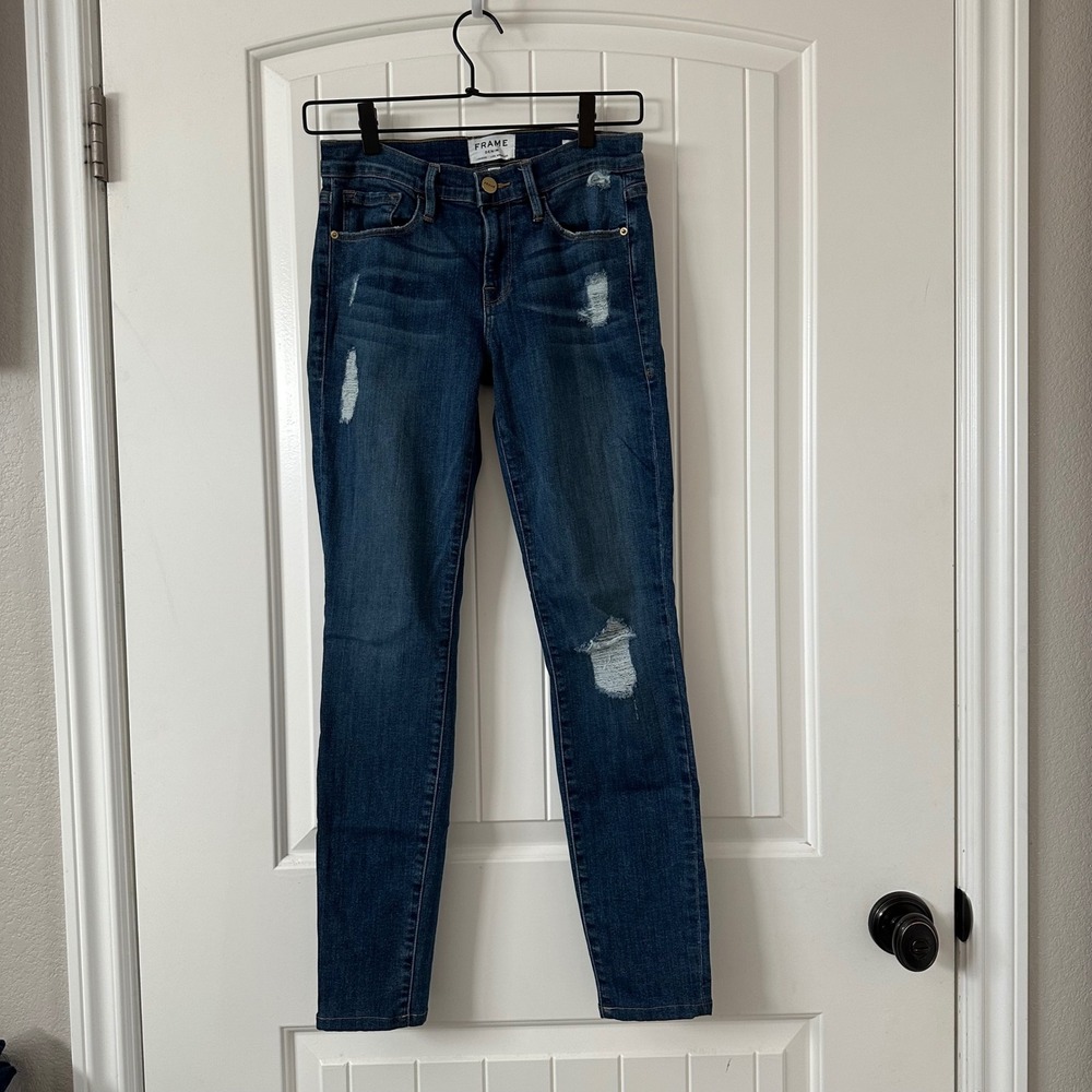FRAME Le Skinny de Jeanne Distressed‎ Dark Wash Denim Jeans Size 27